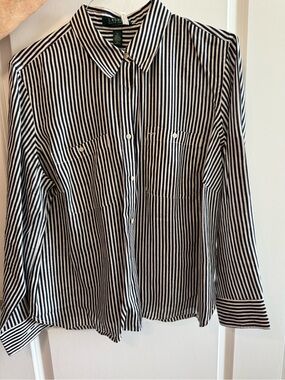 Ralph Lauren Navy and White Vertical Stripe Button-Down linen Shirt